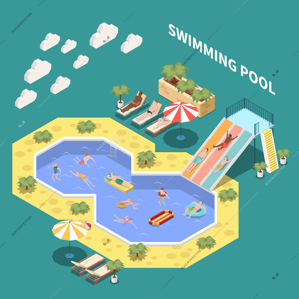 Water park aquapark isometric composition with sun loungers waterslides and open pools with people and text vector illustration