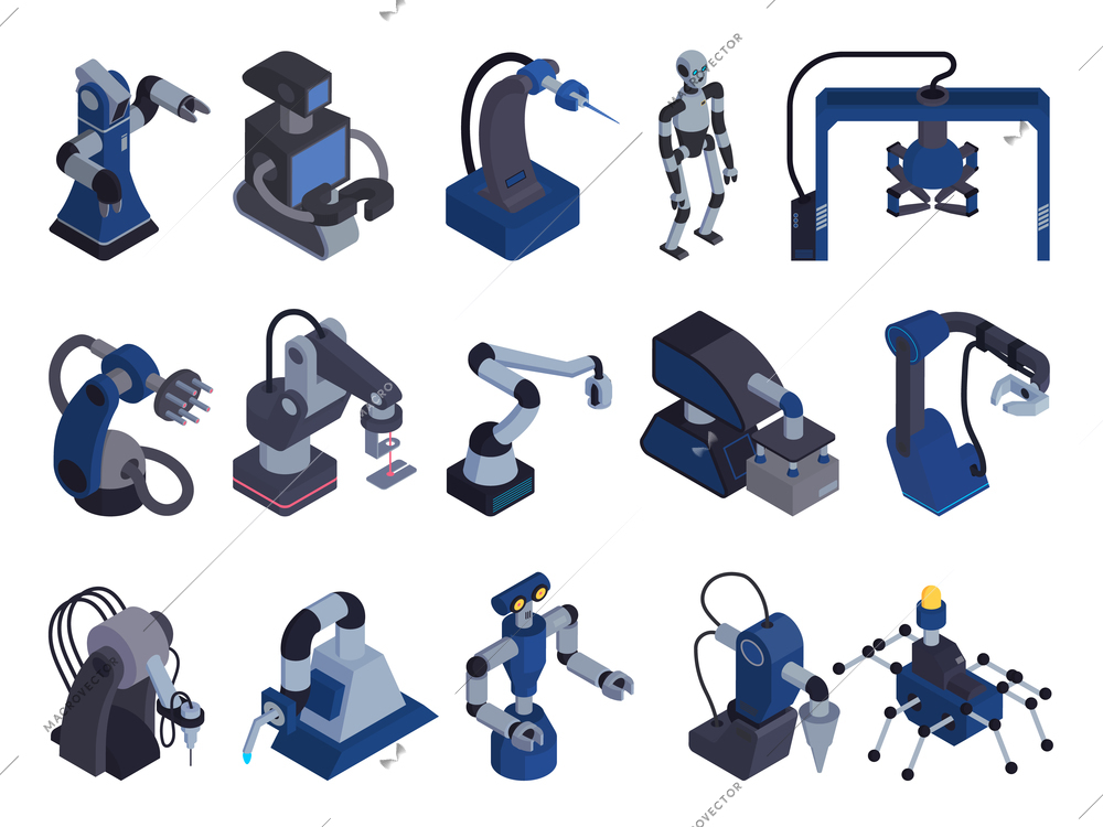 Robot automation color set with isolated isometric images of special purpose robot handlers and manipulator arms vector illustration