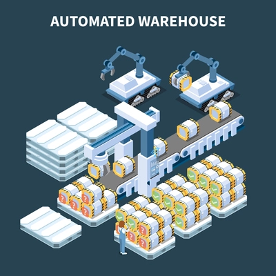 Smart industry intelligent manufacturing isometric composition with images of automated arm manipulators conveyor and storage cans vector illustration