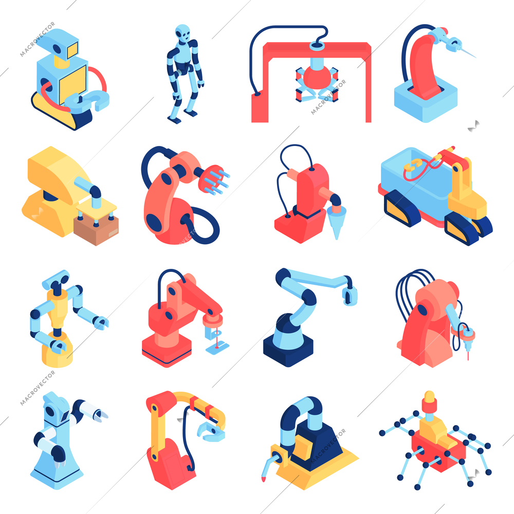 Robot automation set of colourful isolated images with robots and robotic arms of different body shape vector illustration