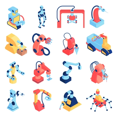 Robot automation set of colourful isolated images with robots and robotic arms of different body shape vector illustration