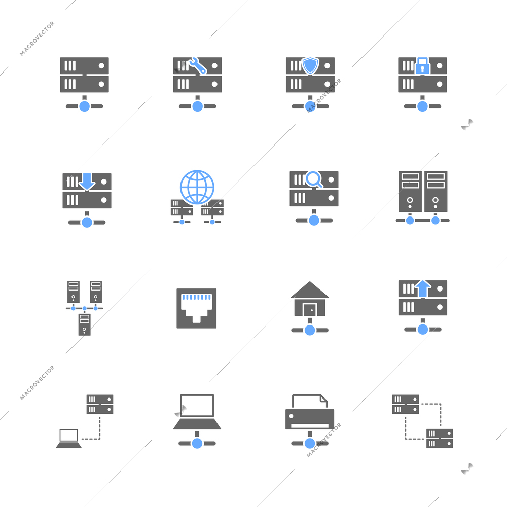 Hosting computer network icons set with server data center domain elements isolated vector illustration