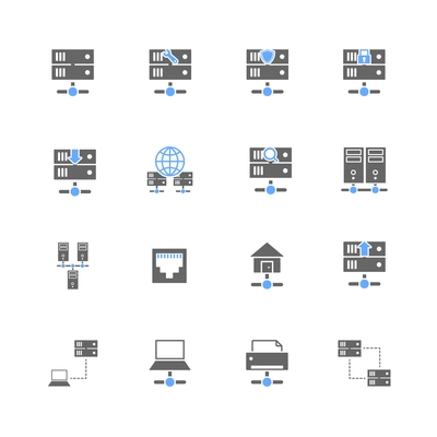 Hosting computer network icons set with server data center domain elements isolated vector illustration