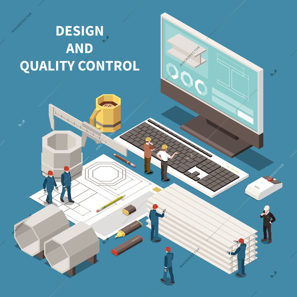 Metal industry control equipment and foundry workers isometric composition 3d vector illustration