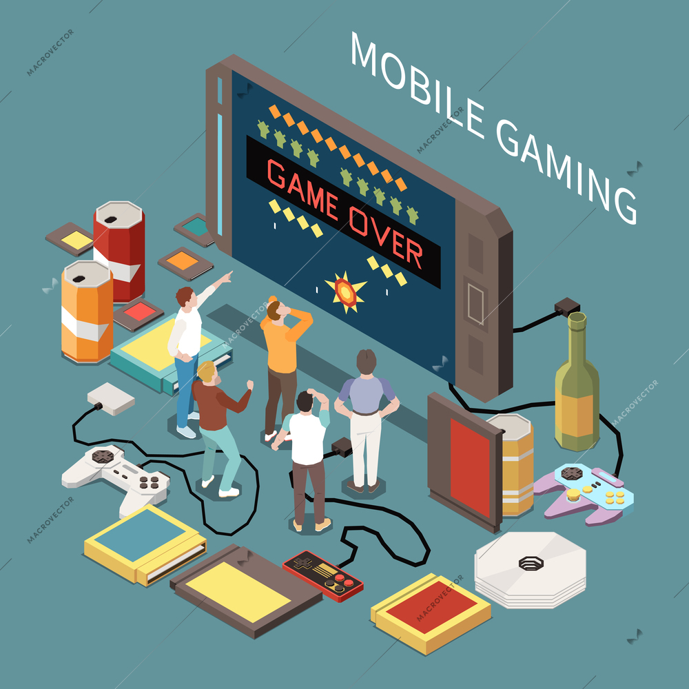 Gaming gamers isometric composition with smartphone image small characters of people and joysticks cartridges compact disks vector illustration