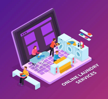 Laundry room isometric background concept with image of laptop computer and washers on top of keyboard vector illustration