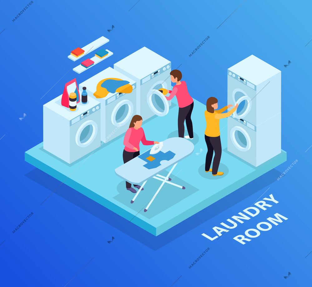 Laundry room isometric background with text and washing machines row ironing board and female human characters vector illustration