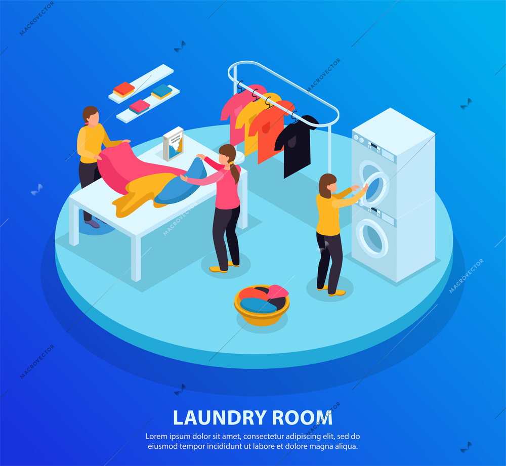 Laundry room isometric background with editable text and circle platform with human characters and wash linen vector illustration