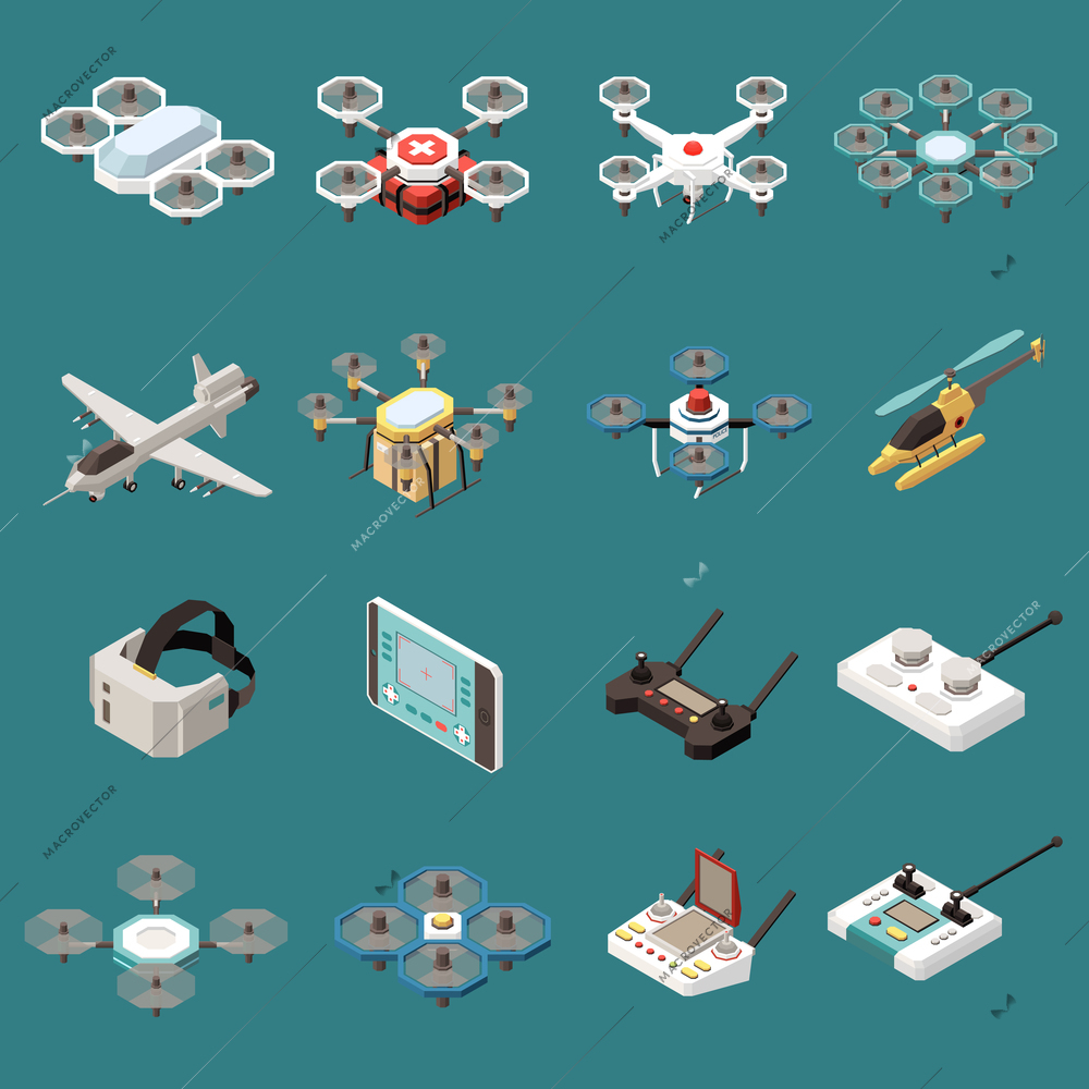 Drones quadrocopters isometric set of sixteen isolated objects with images of aircrafts and remote control units vector illustration