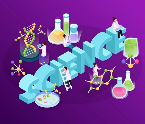 Science research isometric glow composition with big 3d text images of complex molecules and human characters vector illustration