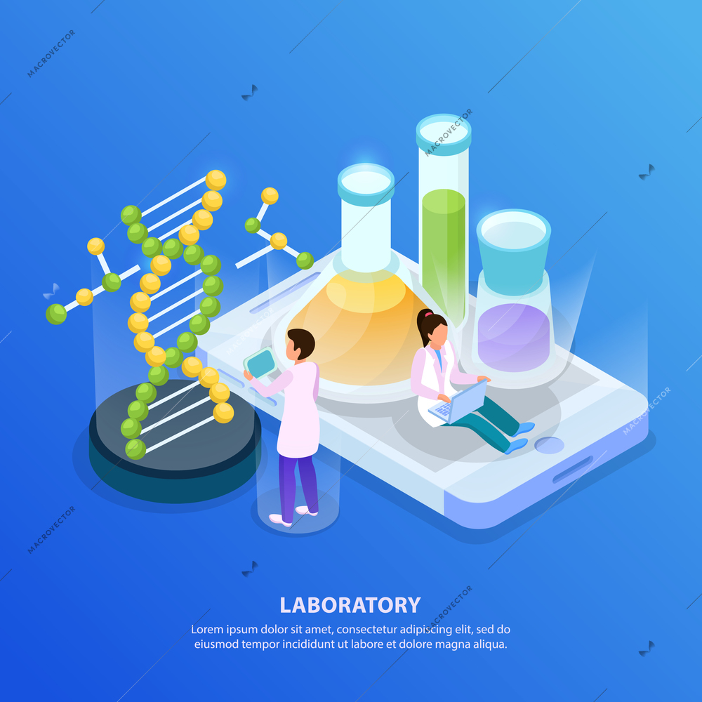 Science research isometric glow background with images of dna molecule and test tubes with colourful liquids vector illustration