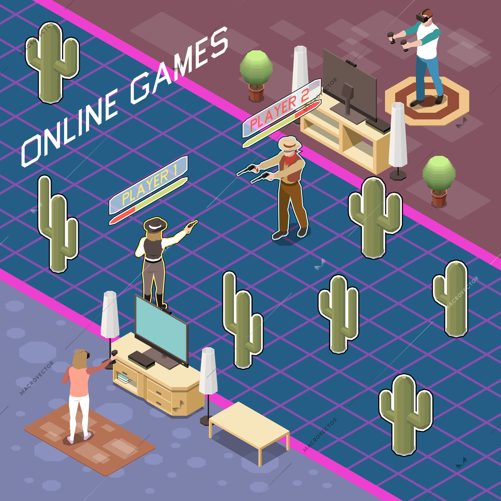 Gaming gamers isometric composition with view of people playing battle game with wearable accessories and text vector illustration