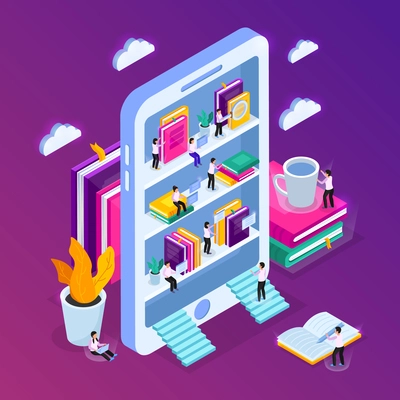 Online library isometric composition with image of smartphone with book shelves and small people with clouds vector illustration