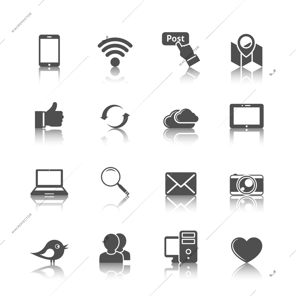 Social media mobile global network set with computer cloud tablet monochrome icons isolated vector illustration