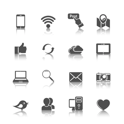 Social media mobile global network set with computer cloud tablet monochrome icons isolated vector illustration