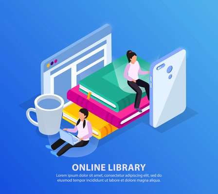 Online library isometric background with human characters electronic gadgets and pile of books with editable text vector illustration