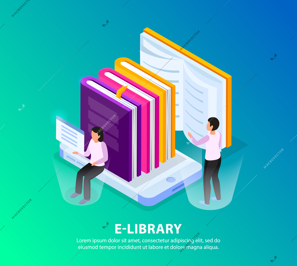 Online library isometric background concept image composition with human characters holographic screens and pile of books vector illustration