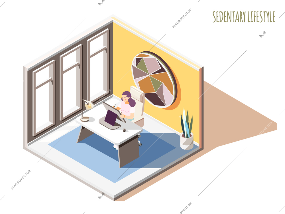 Sedentary lifestyle isometric composition with text and female character sitting at table in her working room vector illustration