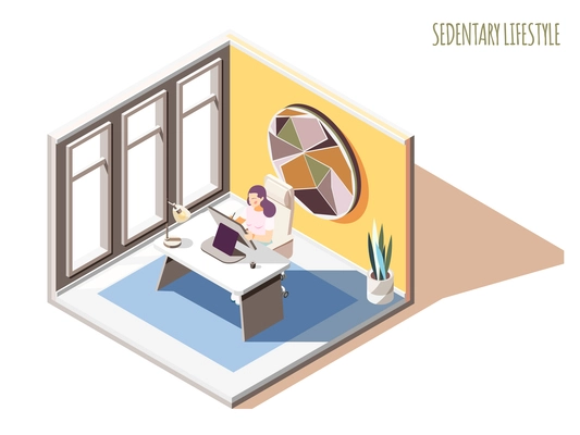 Sedentary lifestyle isometric composition with text and female character sitting at table in her working room vector illustration