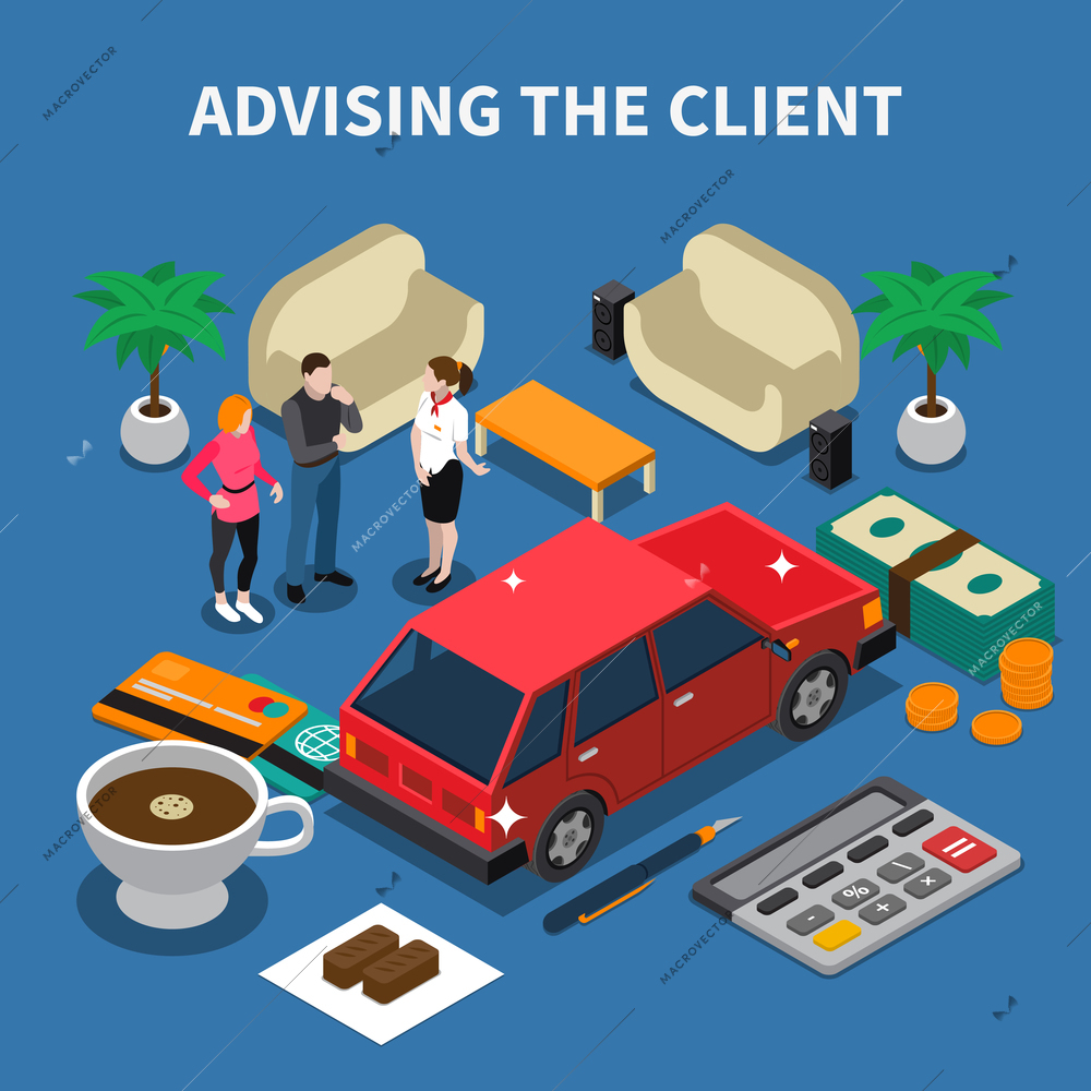 Car dealership isometric composition with conceptual images of car money and human characters with furniture items vector illustration