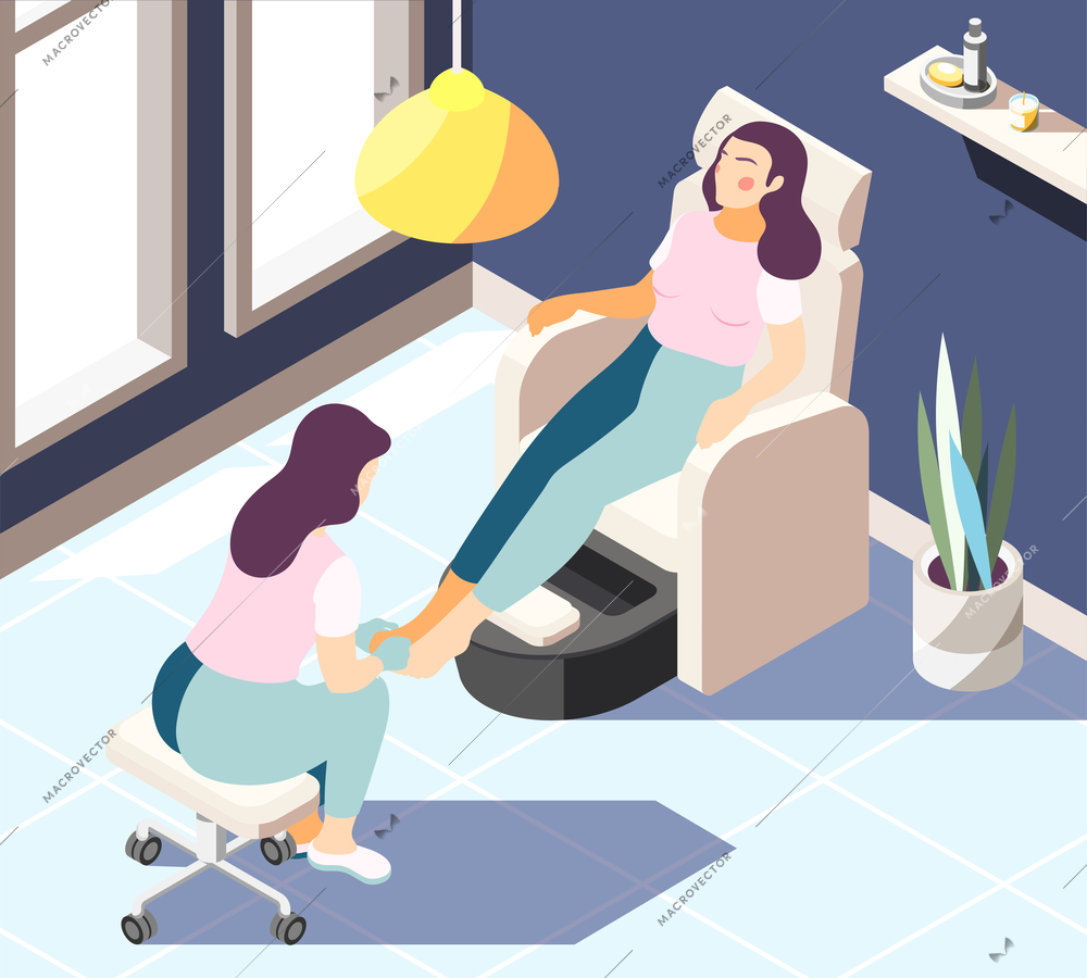 Sedentary lifestyle isometric background with indoor composition spa salon interior client and sitting worker human characters vector illustration