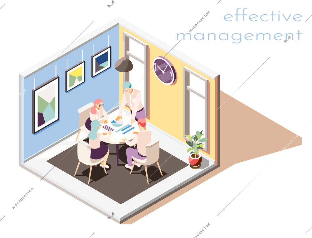 Effective management isometric composition with group of people having working meeting in room with loft interior vector illustration