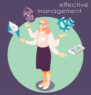 Effective management isometric background with circle composition of icons pictograms and four-armed female human character vector illustration