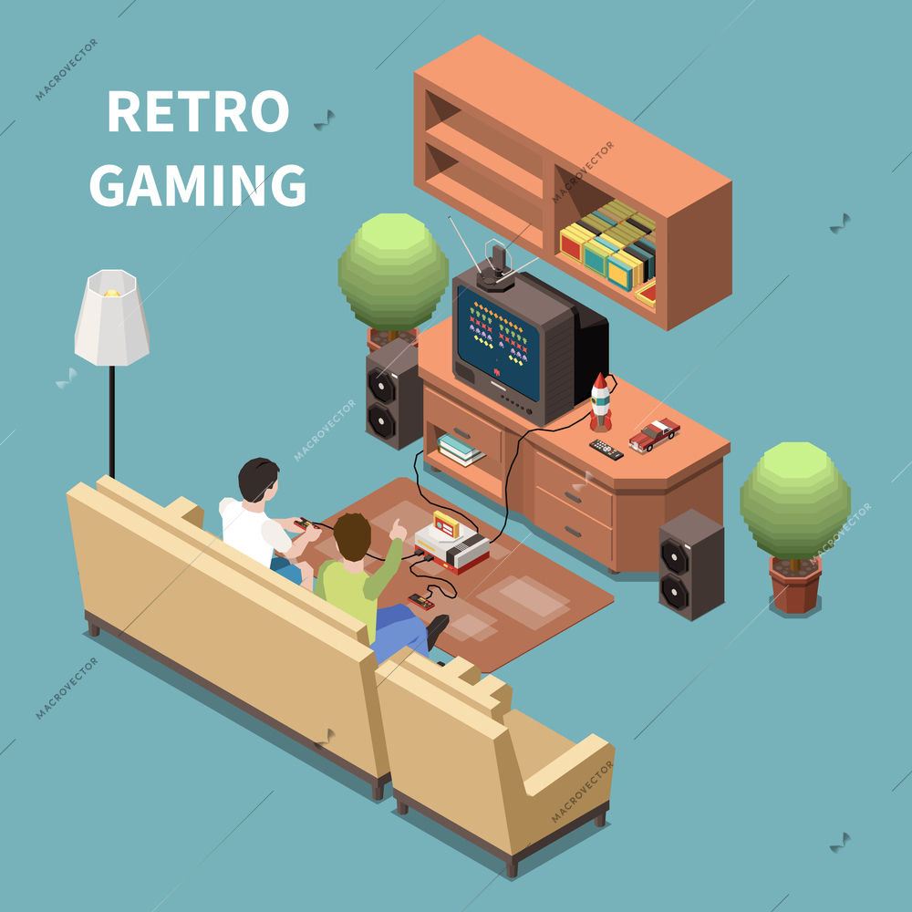 Gaming gamers isometric composition with images of domestic room furniture with television game device and people vector illustration