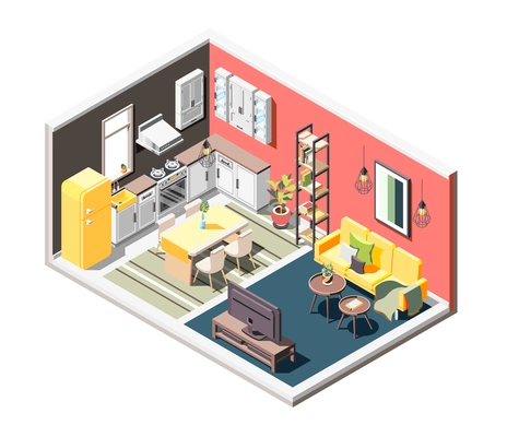 Loft interior isometric composition with overview of cozy studio apartment split into kitchen and living zones vector illustration