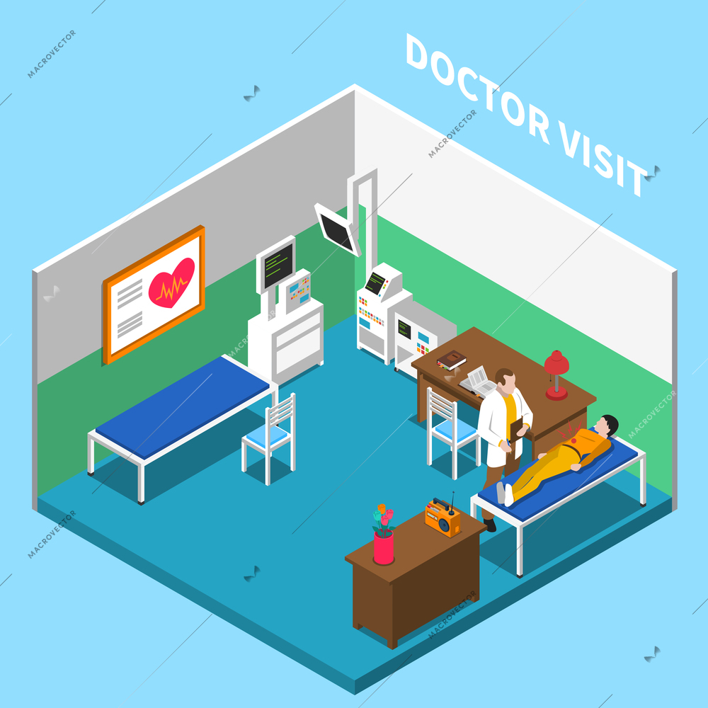 Hospital isometric interior composition with text and indoor scenery of doctors office with equipment and furniture vector illustration