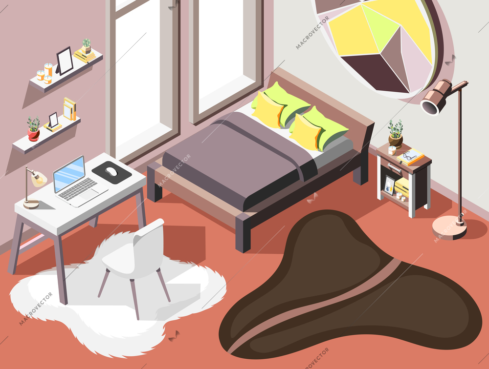 Loft interior isometric background with indoor composition of living room furniture double bed and small workplace vector illustration