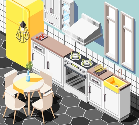 Loft interior isometric background with indoor view of modern kitchen with furniture cabinetry fridge and table vector illustration