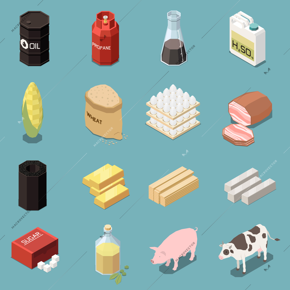 Commodity icons isometric collection of sixteen images with industrial and manufactured goods with animals and food vector illustration
