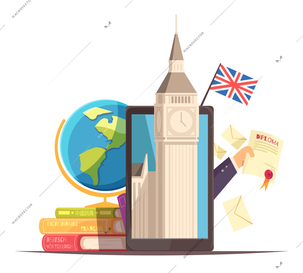 Language center online communication courses flat advertising composition with flag diploma tablet big ben dictionaries vector illustration