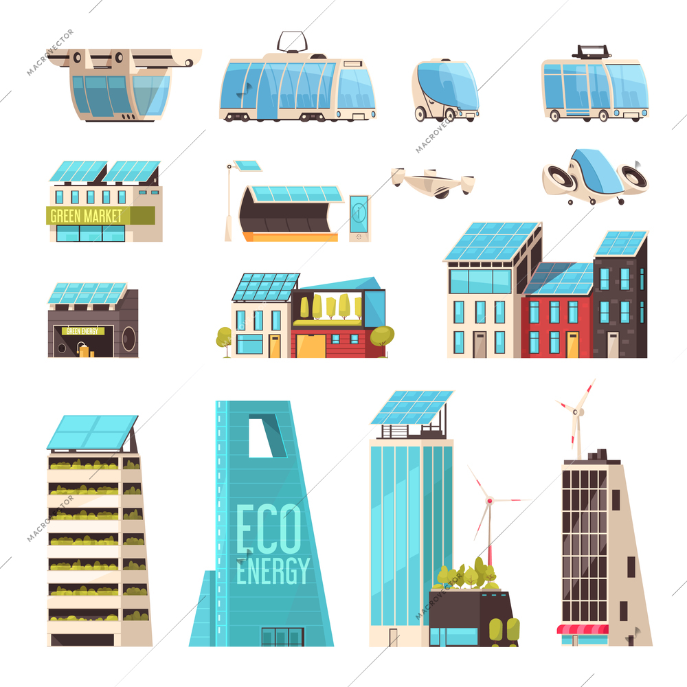 Smart city technology infrastructure intelligent transport system eco energy efficient power facilities flat elements set vector illustration