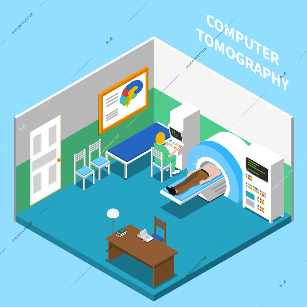 Hospital isometric interior composition with view of room equipped with computer tomography medical apparatus with text vector illustration