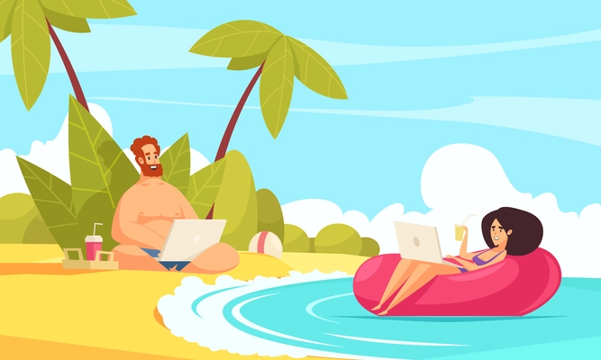 Remote flexible work flat cartoon composition with freelancers couple vacation with laptops on tropical beach  vector illustration