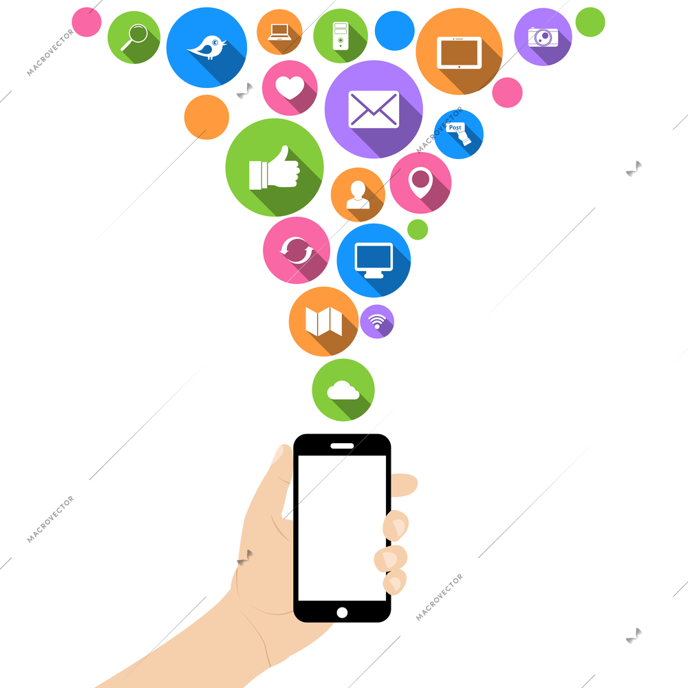 Hand hold mobile phone with social networking media flat icons in white on circles vector illustration