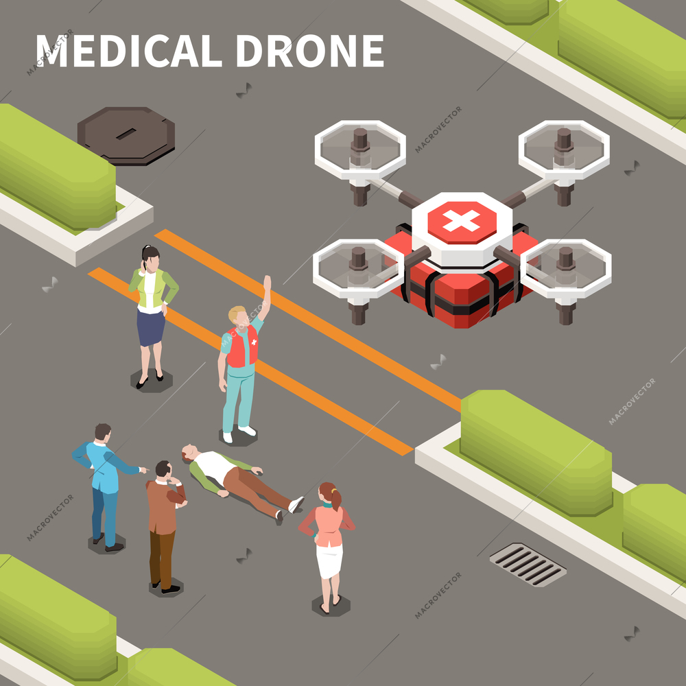 Drones quadrocopters isometric composition with text and people waiting for ambulance aircraft loaded with medicine box vector illustration