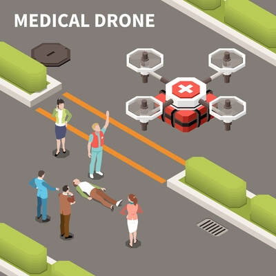 Drones quadrocopters isometric composition with text and people waiting for ambulance aircraft loaded with medicine box vector illustration