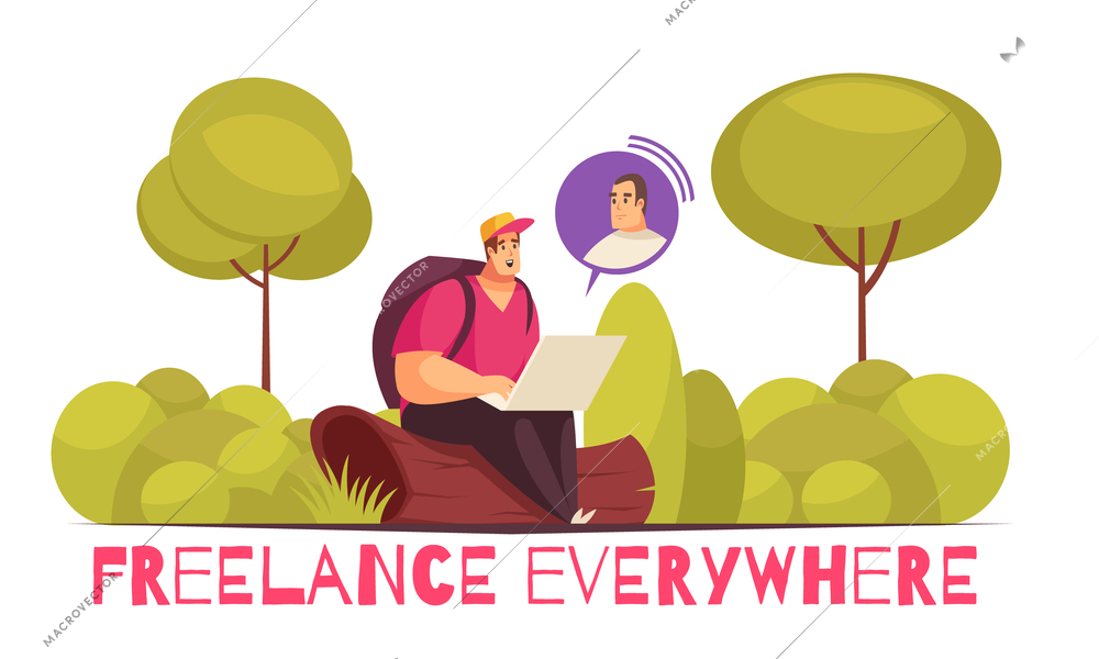 Freelancers working everywhere flat funny cartoon composition with man consulting clients using laptop in forest vector illustration