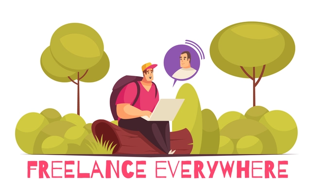 Freelancers working everywhere flat funny cartoon composition with man consulting clients using laptop in forest vector illustration