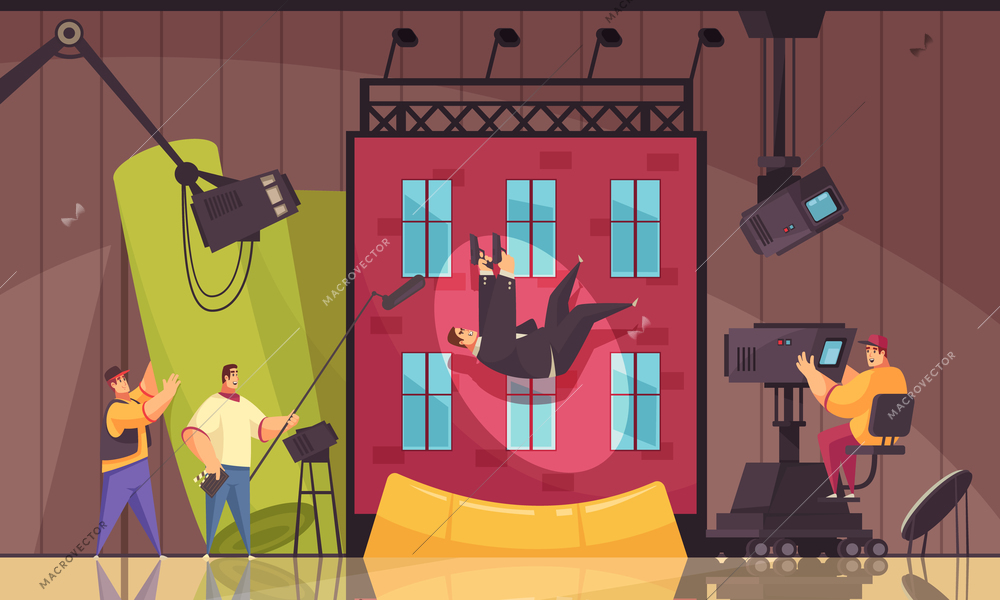 Cinema motion movie filming process cartoon composition with shooting stunt performer falling from building roof vector illustration