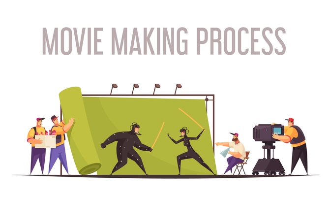 Movie making process flat cartoon composition with film director and camera operator shooting fighting actors vector illustration