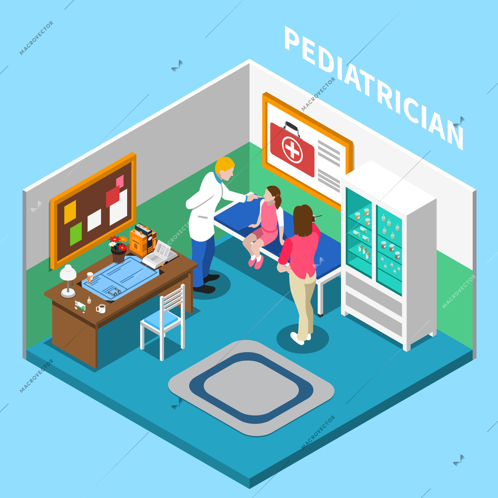 Hospital isometric interior composition with indoor view of pediatrician office in clinic with people and furniture vector illustration