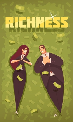 Rich people flat cartoon vertical banner with wealthy chic dressed couple in flying dollars background vector illustration