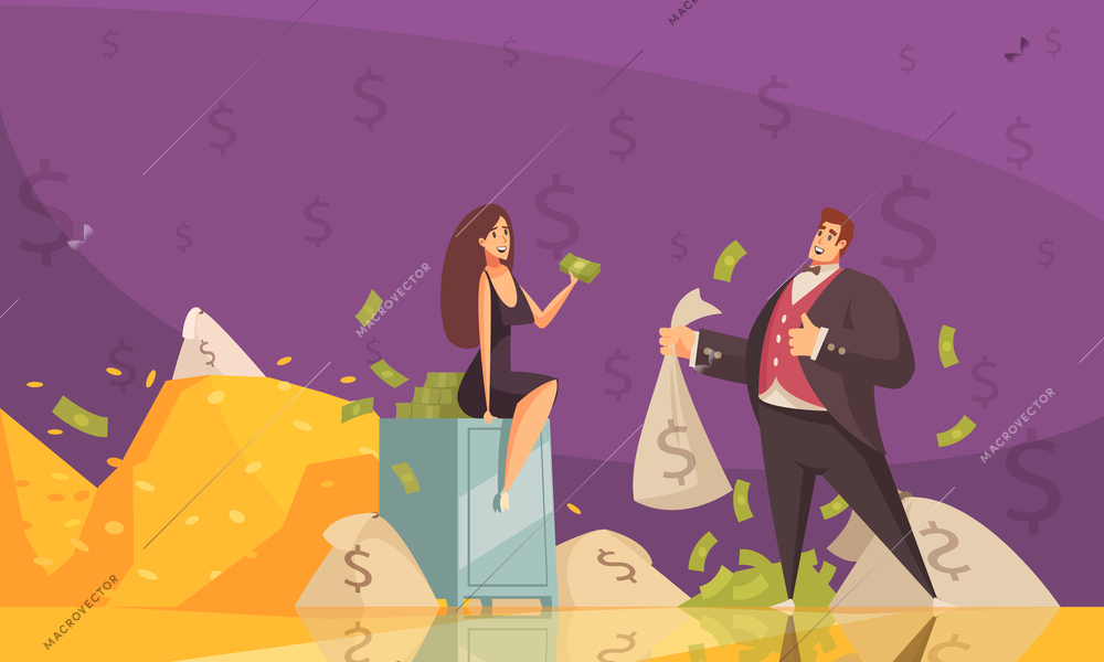 Rich man using wealth to get woman attention with banknotes heaps flat cartoon background poster vector illustration