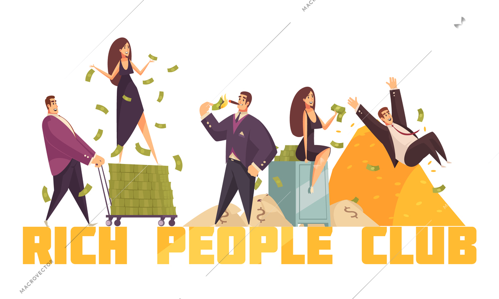 Exclusive rich people celebrities club header with millionaire sliding from money heap horizontal composition cartoon vector illustration