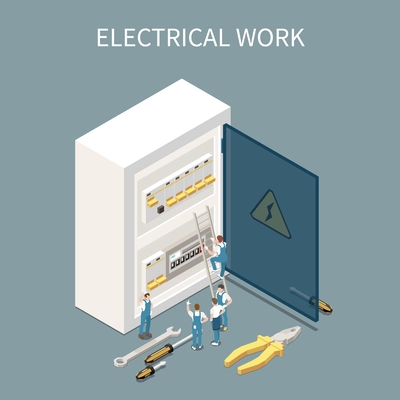 Electricity isometric composition with conceptual images of electrical distribution box switchboard and small characters of workers vector illustration