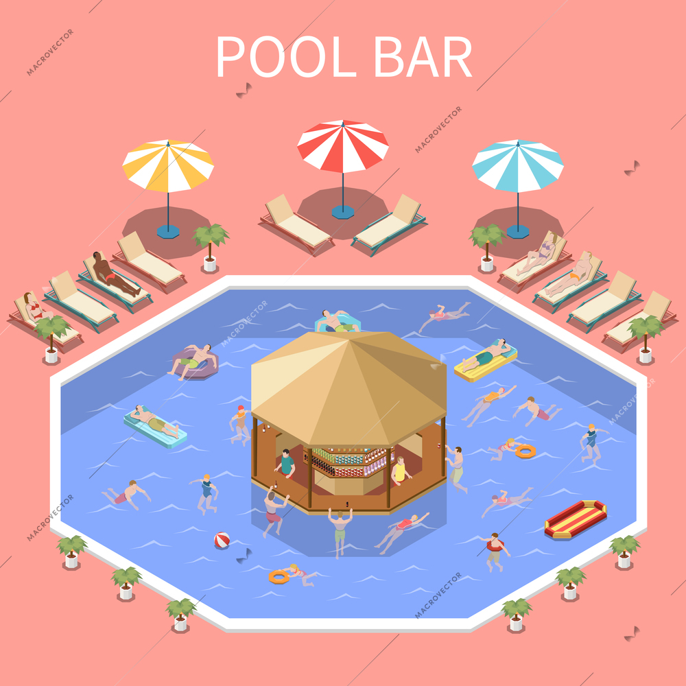 Water park aquapark isometric composition with text and open pool scenery people and covered deck bar vector illustration